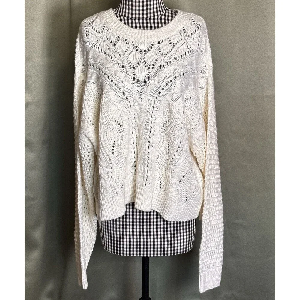 Lucky Brand Women's Size XL Open Knit Fisherman Cable Pullover Ivory Sweater $99